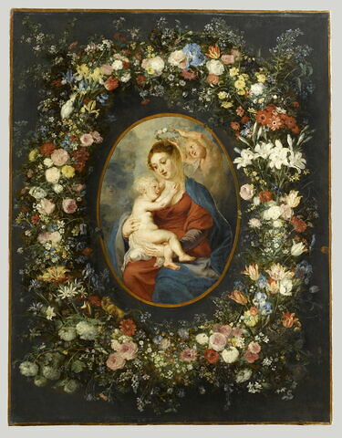 La Vierge, l'Enfant Jésus et des anges au milieu d'une guirlande de fleurs