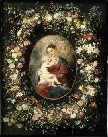 La Vierge, l'Enfant Jésus et des anges au milieu d'une guirlande de fleurs, image 2/2