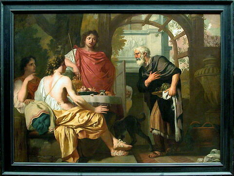 Abraham recevant les trois anges du Seigneur qui vont lui annoncer la prochaine naissance de son fils Isaac, image 2/2
