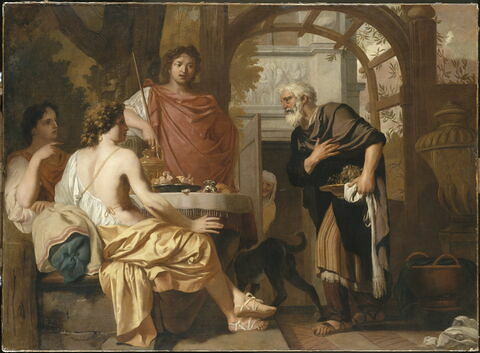 Abraham recevant les trois anges du Seigneur qui vont lui annoncer la prochaine naissance de son fils Isaac, image 1/2
