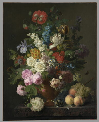 Vase de fleurs, raisins et pêches
