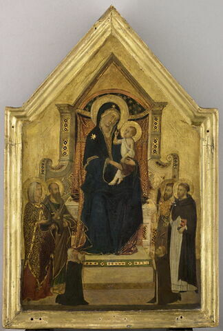 La Vierge et l'Enfant sur un trône entourés de quatre saints (à gauche, une sainte non identifiée et saint Paul, à droite, saint Pierre [ou saint Barthélémy ?] et saint Dominique) ; à la partie inférieure, deux donateurs agenouillés