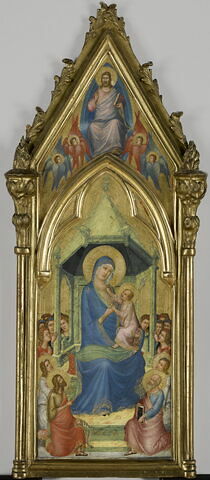 La Vierge et l'Enfant sur un trône entre des anges et quatre saints (Jean Baptiste et Jean l'Évangéliste à gauche, deux autres saints à droite) ; à l'intérieur du gâble, Dieu le Père dans une mandorle entouré de quatre séraphins.