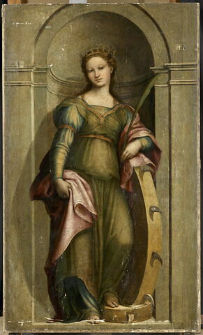 Sainte Catherine d'Alexandrie. Au revers, deux scènes profanes et frise décorative à l'antique