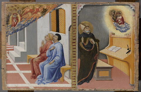 L'Apparition de saint Jérôme, entouré d'anges et de saints, à Sulpice Sévère et un compagnon, puis, aux côtés de saint Jean Baptiste, à saint Augustin