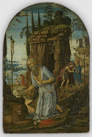 Saint Jérôme dans le désert ; A l'arrière-plan, la rencontre entre le Christ et saint Jean Baptiste enfants, et l'appparition du Christ à saint Augustin