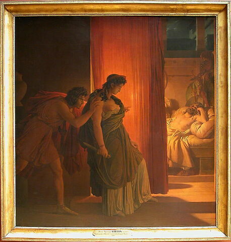 Clytemnestre hésite avant de frapper Agamemnon endormi. Égisthe, son complice, la pousse, image 2/2