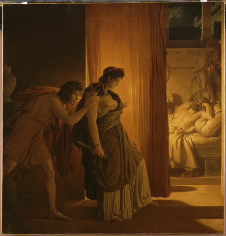 Clytemnestre hésite avant de frapper Agamemnon endormi. Égisthe, son complice, la pousse, image 1/2