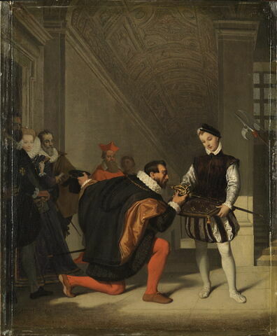 Don Pedro de Tolède, ambassadeur de Philippe II, baisant l'épée d'Henri IV au Louvre, dans l'escalier Henri II.