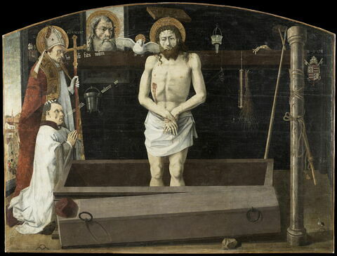 Retable de Boulbon. La Trinité avec le Christ de douleur, debout dans le tombeau, et saint Agricol lui présentant un donateur
