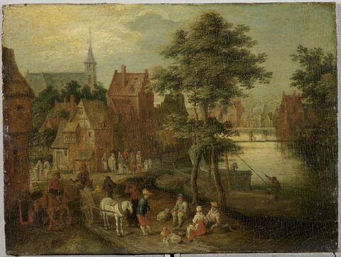 Village de Flandre traversé par une rivière avec charrettes sur la route, image 1/6