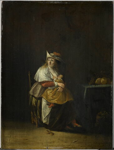 Le Goût : femme allaitant un enfant et singe mangeant des fruits