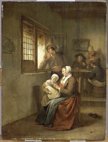Scène d'intérieur: Femme allaitant son enfant et homme accoudé à une fenêtre, image 2/3