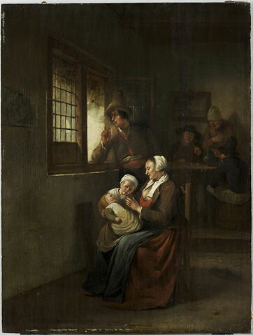 Scène d'intérieur: Femme allaitant son enfant et homme accoudé à une fenêtre, image 1/3