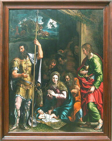 L'Adoration des bergers entre saint Jean l'Évangéliste et saint Longin (dans la partie supérieure, l'Annonce aux bergers), image 2/3