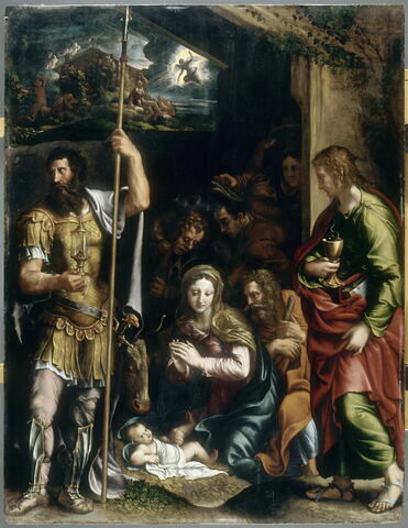 L'Adoration des bergers entre saint Jean l'Évangéliste et saint Longin (dans la partie supérieure, l'Annonce aux bergers), image 3/3