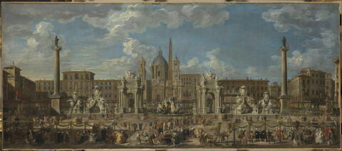 Préparation du feu d'artifice et de la décoration de la fête donnée sur la place Navone, à Rome, le 30 novembre 1729, à l'occasion de la naissance du Dauphin