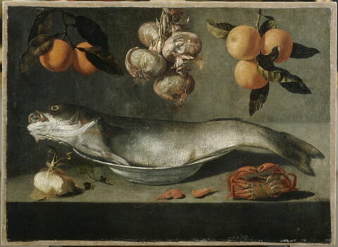 Nature morte au poisson avec crabe, crevettes, oignons et oranges, image 1/2