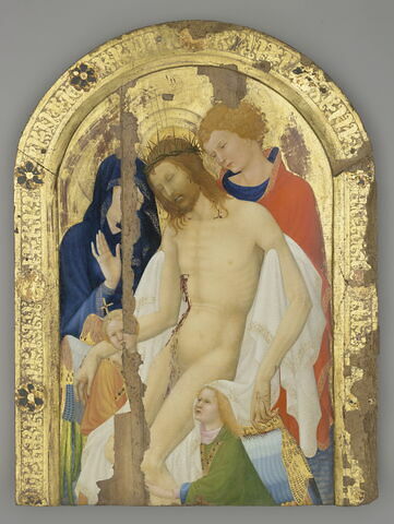 Le Christ de pitié soutenu par saint Jean l’Evangéliste en présence de la Vierge et de deux anges.