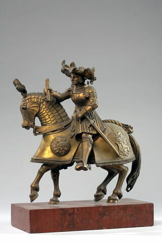 Cavalier en costume (allemand ?) du XVIème siècle sur un cheval caparçonné, image 1/2