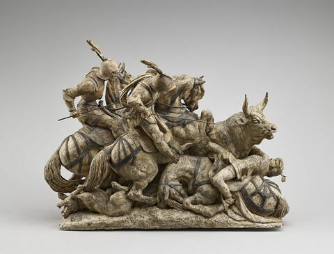 Cavaliers espagnols du 15e siècle, qui, à l’aide de dogues de grande race, donnent la chasse à un taureau sauvage
