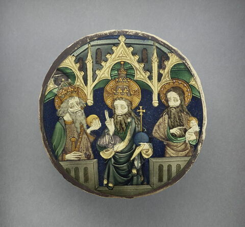 Valve de miroir : Dieu le Père entre saint Jean Baptiste et saint Charlemagne, image 1/8