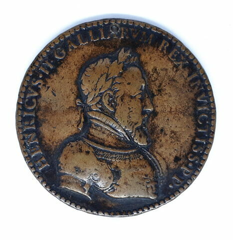 Médaille : Henri II / inscription dans une couronne de lauriers