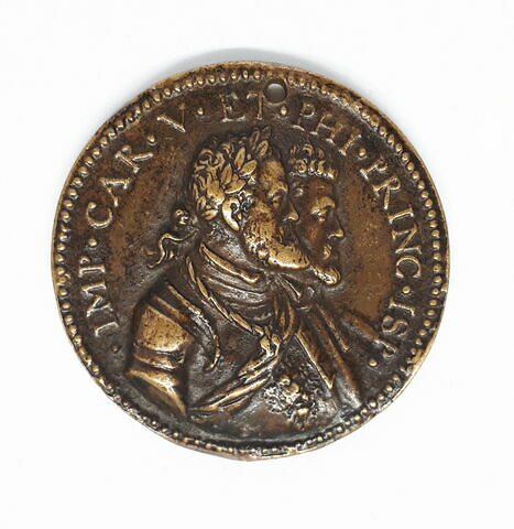 Médaille : Charles Quint et le prince Philippe II / deux colonnes sur des flots entourées du collier de la toison d'or