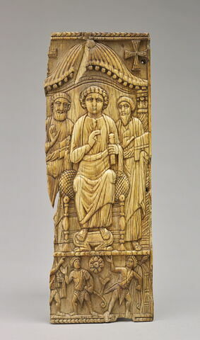 Partie centrale d' un feuillet en cinq parties : le Christ trônant entre les saints Pierre et Paul ; Apparition de l' étoile aux bergers, image 1/2
