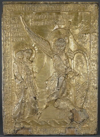 Plaque du reliquaire de la Pierre du Sépulcre du Christ : les Saintes Femmes au tombeau, image 1/1