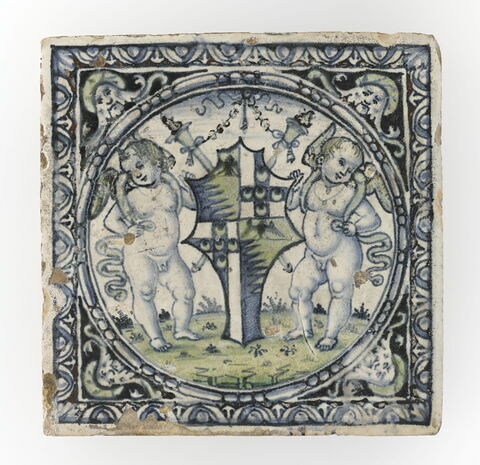 Carreau carré (mattonella) : armoiries des Petrucci et des Piccolomini, image 1/4