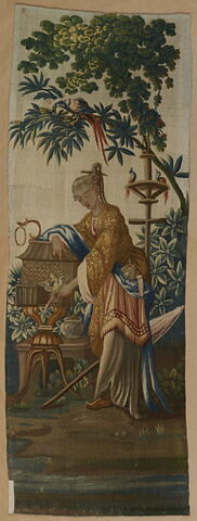 Panneau à décor chinois : Femme avec un oiseau