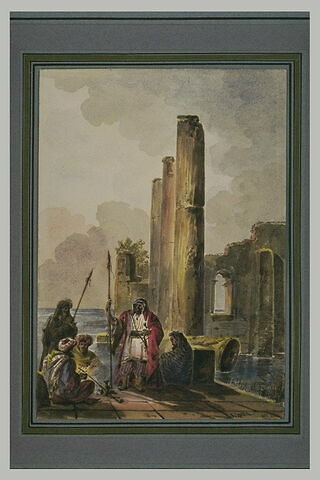 Cinq arabes, parmi les ruines d'un temple antique envahi par la mer, image 1/1