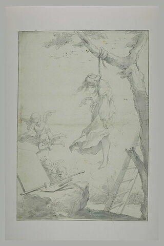 Jeune femme pendue à un arbre, devant une toile vierge, et une palette