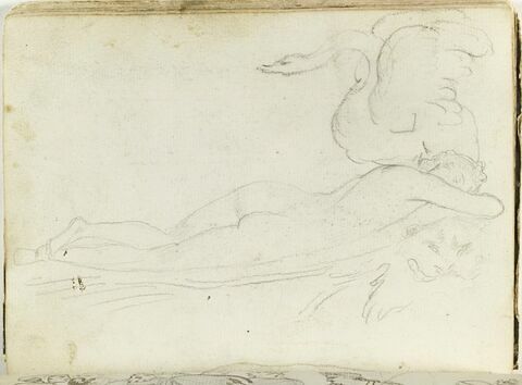 Figure nue, allongée, dormant sur une peau de panthère, avec un cygne perché sur son épaule gauche