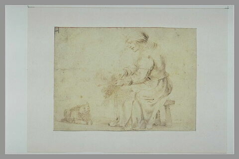 Femme assise, de profil, plumant une volaille devant un chat attentif