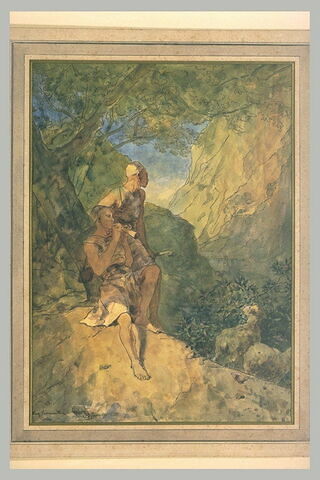 Deux bergers arabes à l'ombre d'un arbre, dans une gorge rocheuse
