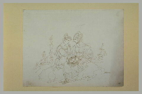Deux femmes assises dans un paysage, jouant de la musique, image 1/1