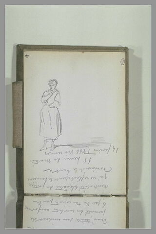 Femme debout, et texte manuscrit : 'L'Auberge du Gd St Hubert...'