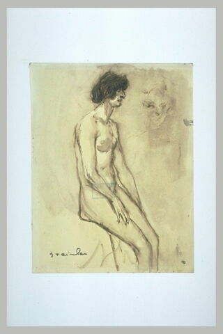 Femme nue, assise, mains sur les cuisses, et tête de femme, de face, image 1/1