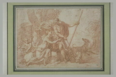 Vénus voulant détourner Adonis de la chasse : il tient une lance et un chien