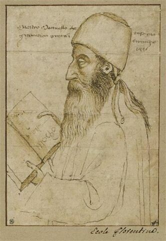 Portrait de Manuel Chrysoloras, coiffé d'un bonnet et tenant un livre