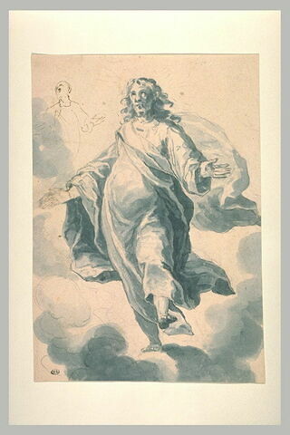 Le Christ debout sur des nuages, bras écartés, et petite silhouette