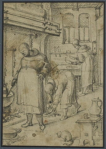Trois moines occupés à préparer les mets, dans une cuisine, image 1/1