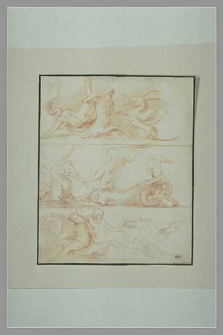 Trois scènes superposées représentant Triton combattant