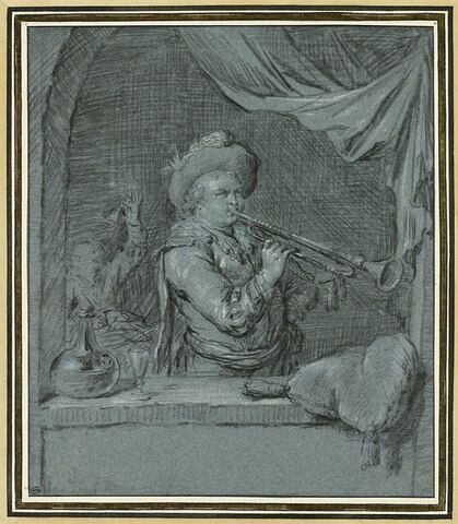 Un soldat jouant de la trompette, dans l'embrasure d'une fenêtre