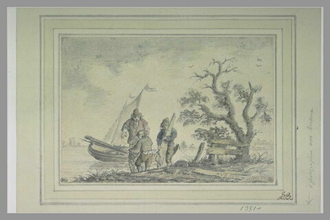 Trois pêcheurs au bord d'une rivière