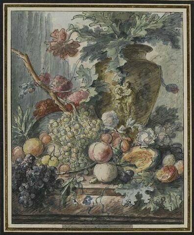Vase, fleurs et fruits