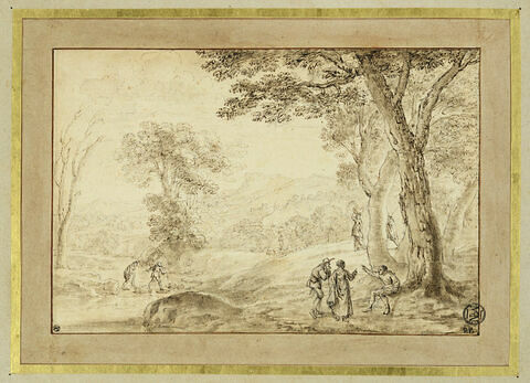Personnages conversant dans un paysage boisé arrosé d'un ruisseau, image 1/4
