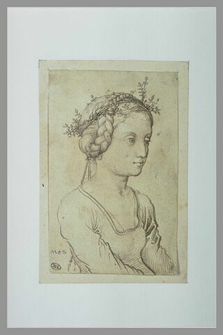 Buste de jeune fille, une couronne de feuilles dans les cheveux, image 1/1
